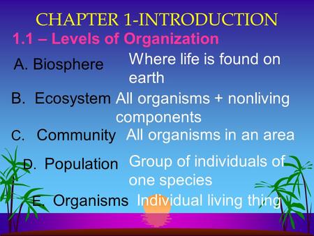 CHAPTER 1-INTRODUCTION 1.1 – Levels of Organization B. EcosystemAll organisms + nonliving components C. CommunityAll organisms in an area D. Population.