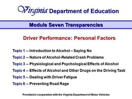 Driver Performance: Personal Factors Topic 1 -- Introduction to Alcohol – Saying No Topic 2 -- Nature of Alcohol-Related Crash Problems Topic 3 -- Physiological.