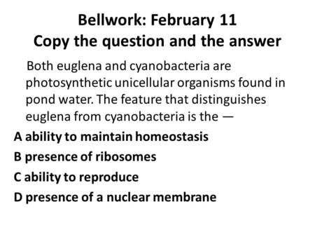 Bellwork: February 11 Copy the question and the answer