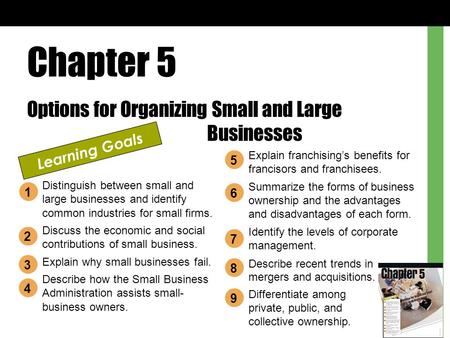 Chapter 5 Options for Organizing Small and Large Businesses Learning Goals Distinguish between small and large businesses and identify common industries.