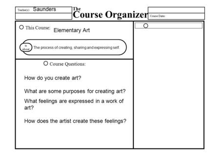 Teacher(s): The Course Organizer Course Dates: This Course: Course Questions: is about How do you create art? What are some purposes for creating art?
