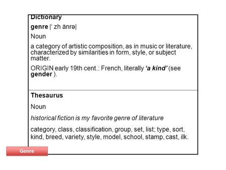Dictionary genre | ˈ zh änrə| Noun a category of artistic composition, as in music or literature, characterized by similarities in form, style, or subject.