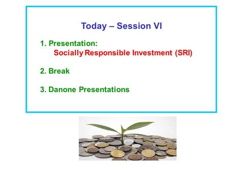 Today – Session VI 1.Presentation: Socially Responsible Investment (SRI) 2. Break 3. Danone Presentations.