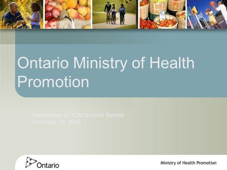 Ontario Ministry of Health Promotion Presentation to TDM Summit Toronto November 16, 2009.