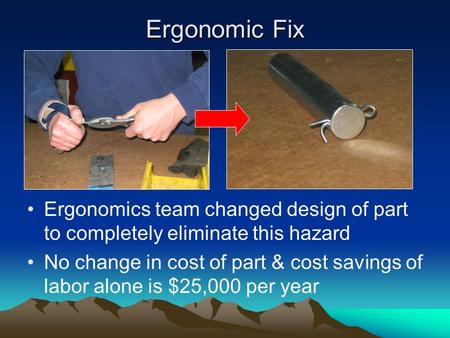 Ergonomic Fix Ergonomics team changed design of part to completely eliminate this hazard No change in cost of part & cost savings of labor alone is $25,000.