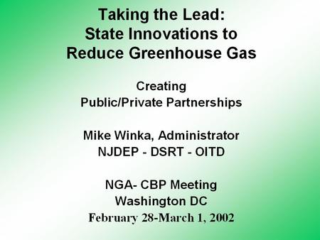 Sustainability Covenant- GHG Initiative- April 18, 2000 Between The New Jersey Department of Environmental Protection And (list of participating.