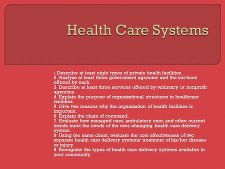 Health Care Systems 1. Describe at least eight types of private health facilities. 2 Analyze at least three government agencies and the services offered.
