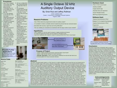 A Single Octave 32 kHz Auditory Output Device By: Erick Ruiz and Jeffrey Rollman Research Problems: -Can a PSoC device be programmed to allow for auditory.