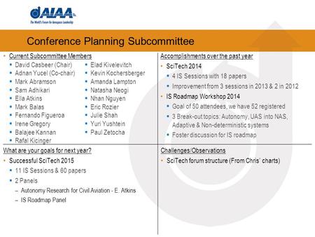 Conference Planning Subcommittee Accomplishments over the past year SciTech 2014  4 IS Sessions with 18 papers  Improvement from 3 sessions in 2013 &
