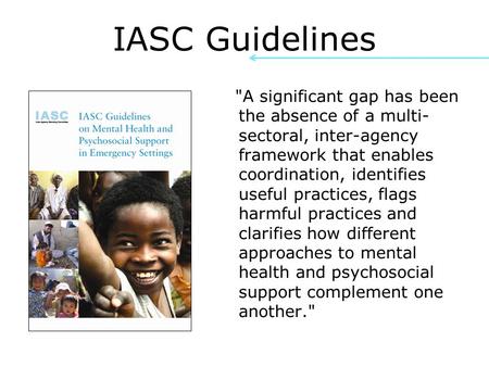 IASC Guidelines A significant gap has been the absence of a multi- sectoral, inter-agency framework that enables coordination, identifies useful practices,