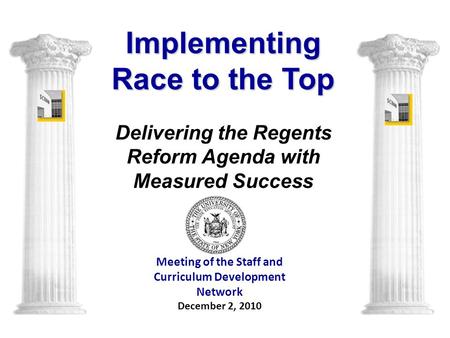 Meeting of the Staff and Curriculum Development Network December 2, 2010 Implementing Race to the Top Delivering the Regents Reform Agenda with Measured.