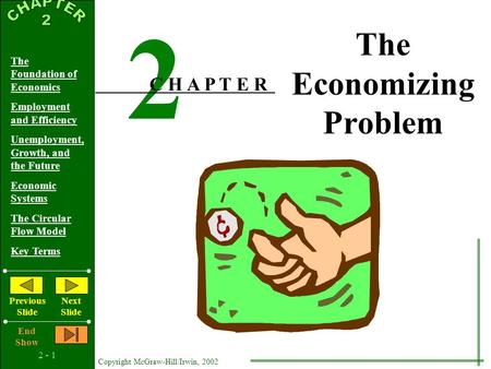 2 - 1 Copyright McGraw-Hill/Irwin, 2002 The Foundation of Economics Employment and Efficiency Unemployment, Growth, and the Future Economic Systems The.