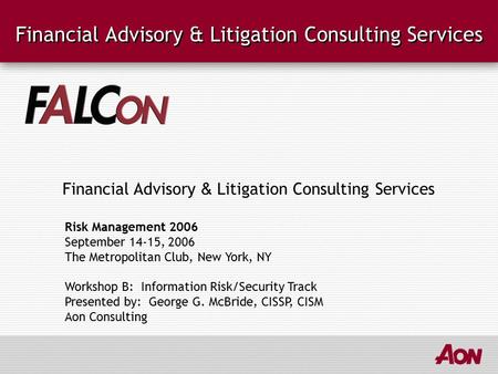 Financial Advisory & Litigation Consulting Services Risk Management 2006 September 14-15, 2006 The Metropolitan Club, New York, NY Workshop B: Information.