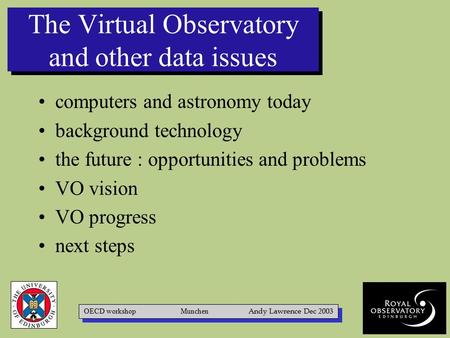 The Virtual Observatory and other data issues computers and astronomy today background technology the future : opportunities and problems VO vision VO.