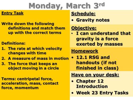 Monday, March 3rd Schedule: Gravity notes Objective: