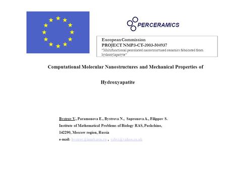 European Commission PROJECT NMP3-CT-2003-504937 “Multifunctional percolated nanostructured ceramics fabricated from hydroxylapatyte” Computational Molecular.