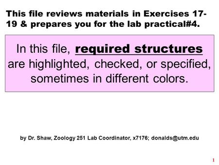 1 This file reviews materials in Exercises 17- 19 & prepares you for the lab practical#4. by Dr. Shaw, Zoology 251 Lab Coordinator, x7176;