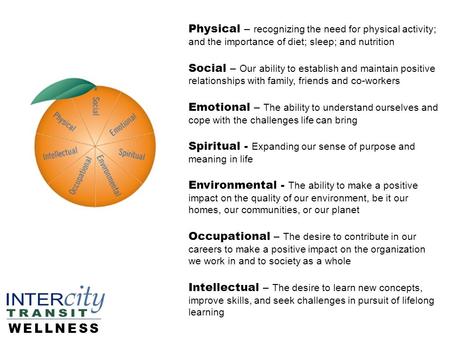 WELLNESS Physical – recognizing the need for physical activity; and the importance of diet; sleep; and nutrition Social – Our ability to establish and.