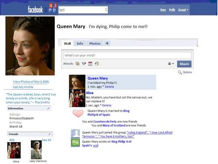Queen Mary I’m dying, Philip come to me!! View Photos of Me (1,809) Edit My Profile 809 See All Siblings: Princess Elizabeth Birthday: March 18 Queen Mary.