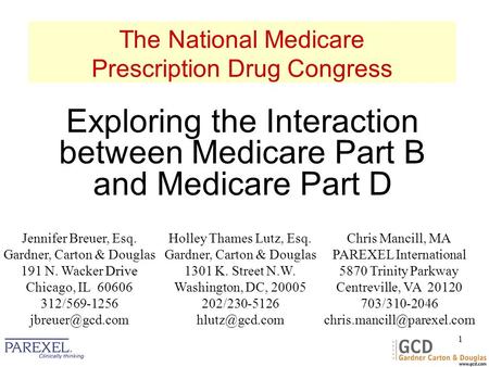 1 The National Medicare Prescription Drug Congress Exploring the Interaction between Medicare Part B and Medicare Part D Drive Jennifer Breuer, Esq. Gardner,