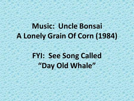 Music: Uncle Bonsai A Lonely Grain Of Corn (1984) FYI: See Song Called “Day Old Whale”