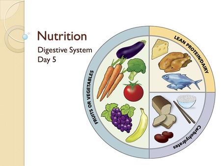 Nutrition Digestive System Day 5. Nutrition and Nutrients Nutrition: ◦ Study of nutrients and how the body utilizes them Nutrients: ◦ 6 Kinds ◦ Include: