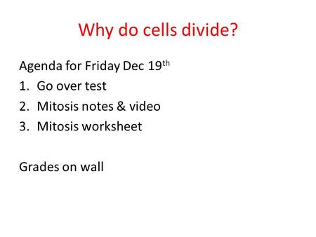 Why do cells divide? Agenda for Friday Dec 19 th 1.Go over test 2.Mitosis notes & video 3.Mitosis worksheet Grades on wall.