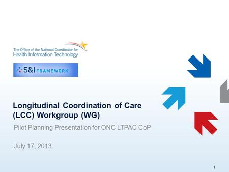 Longitudinal Coordination of Care (LCC) Workgroup (WG) Pilot Planning Presentation for ONC LTPAC CoP July 17, 2013 1.