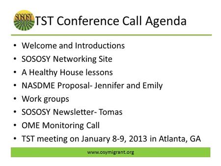 TST Conference Call Agenda Welcome and Introductions SOSOSY Networking Site A Healthy House lessons NASDME Proposal- Jennifer and Emily Work groups SOSOSY.
