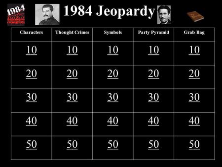 1984 Jeopardy CharactersThought CrimesSymbolsParty PyramidGrab Bag 10 20 30 40 50.