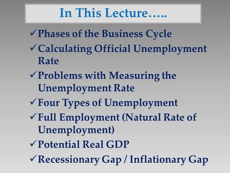 In This Lecture….. Phases of the Business Cycle