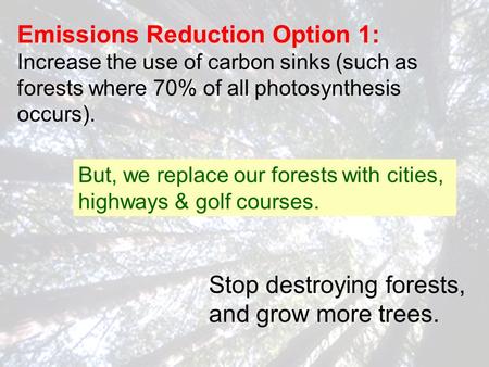 R. Shanthini 20 Aug 2010 But, we replace our forests with cities, highways & golf courses. Emissions Reduction Option 1: Increase the use of carbon sinks.