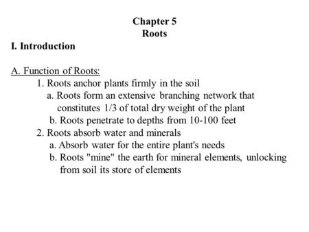 Chapter 5 Roots I. Introduction A. Function of Roots: 1. Roots anchor plants firmly in the soil a. Roots form an extensive branching network that constitutes.