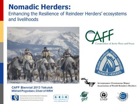 Nomadic Herders: Enhancing the Resilience of Reindeer Herders’ ecosystems and livelihoods CAFF Biennial 2013 Yakutsk Mikhail Pogodaev, Chair of WRH.