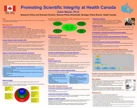 Aim Zubin Master, Ph.D. To develop a scientific integrity (SI) framework for Health Canada (HC) with the aim to mitigate the risks related to scientific.