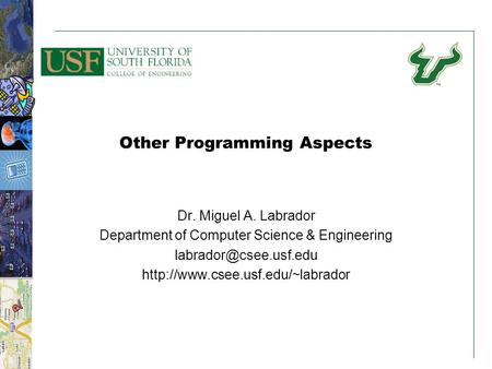 11 Other Programming Aspects Dr. Miguel A. Labrador Department of Computer Science & Engineering