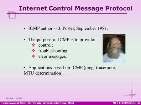 Petrozavodsk State University, Alex Moschevikin, 2003NET TECHNOLOGIES Internet Control Message Protocol ICMP author -- J. Postel, September 1981. The purpose.