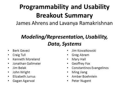Programmability and Usability Breakout Summary James Ahrens and Lavanya Ramakrishnan Modeling/Representation, Usability, Data, Systems Berk Geveci Craig.