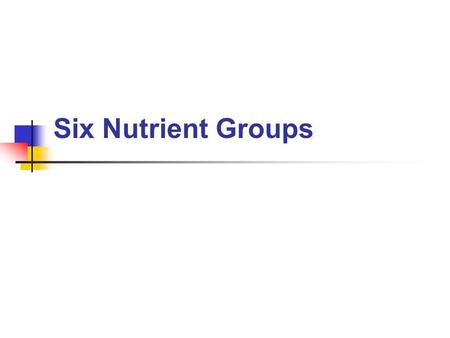Six Nutrient Groups. B 3.01 Six Nutrient Groups Six Nutrients Groups Carbohydrates Lipids Protein Vitamins and Minerals Water.