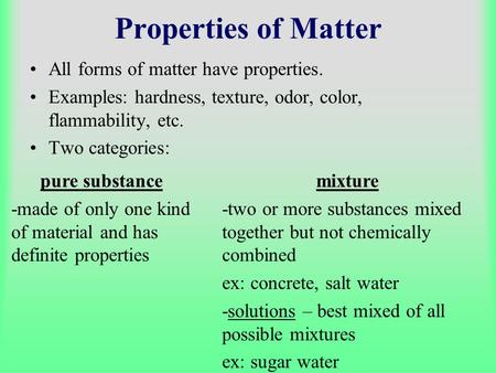 Properties of Matter All forms of matter have properties.