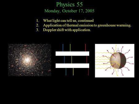 Physics 55 Monday, October 17, 2005 1.What light can tell us, continued 2.Application of thermal emission to greenhouse warming. 3.Doppler shift with application.