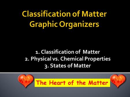 1. Classification of Matter 2. Physical vs. Chemical Properties 3. States of Matter The Heart of the Matter.
