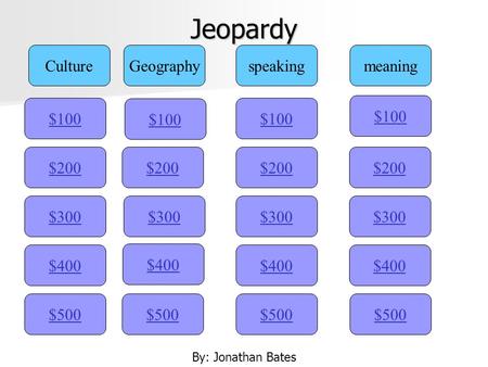 Jeopardy $100 CultureGeographyspeakingmeaning $200 $300 $400 $500 $400 $300 $200 $100 $500 $400 $300 $200 $100 $500 $400 $300 $200 $100 By: Jonathan Bates.