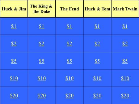$2 $5 $10 $20 $1 $2 $5 $10 $20 $1 $2 $5 $10 $20 $1 $2 $5 $10 $20 $1 $2 $5 $10 $20 $1 Huck & Jim The King & the Duke The FeudHuck & TomMark Twain.
