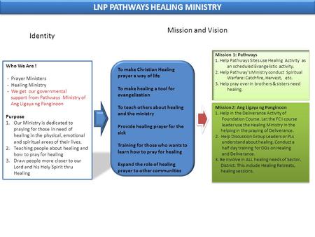 LNP PATHWAYS HEALING MINISTRY Who We Are ! - Prayer Ministers - Healing Ministry - We get our governmental support from Pathways Ministry of Ang Ligaya.