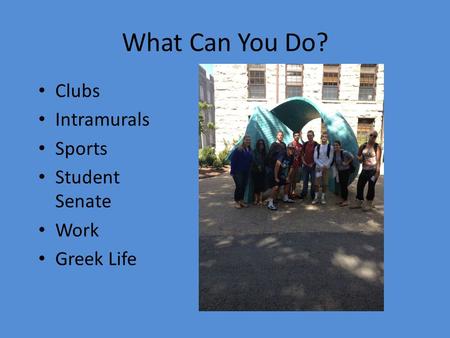 What Can You Do? Clubs Intramurals Sports Student Senate Work Greek Life.
