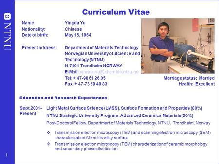 1 Education and Research Experiences Sept.2001- Present Light Metal Surface Science (LMSS), Surface Formation and Properties (80%) NTNU Strategic University.