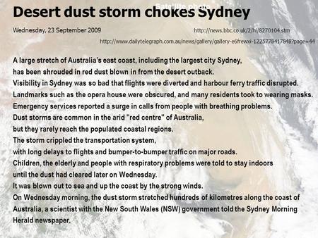 Desert dust storm chokes Sydney Wednesday, 23 September 2009