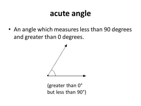 Acute angle An angle which measures less than 90 degrees and greater than 0 degrees. (greater than 0° but less than 90°)