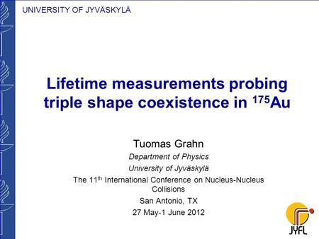 UNIVERSITY OF JYVÄSKYLÄ Lifetime measurements probing triple shape coexistence in 175 Au Tuomas Grahn Department of Physics University of Jyväskylä The.
